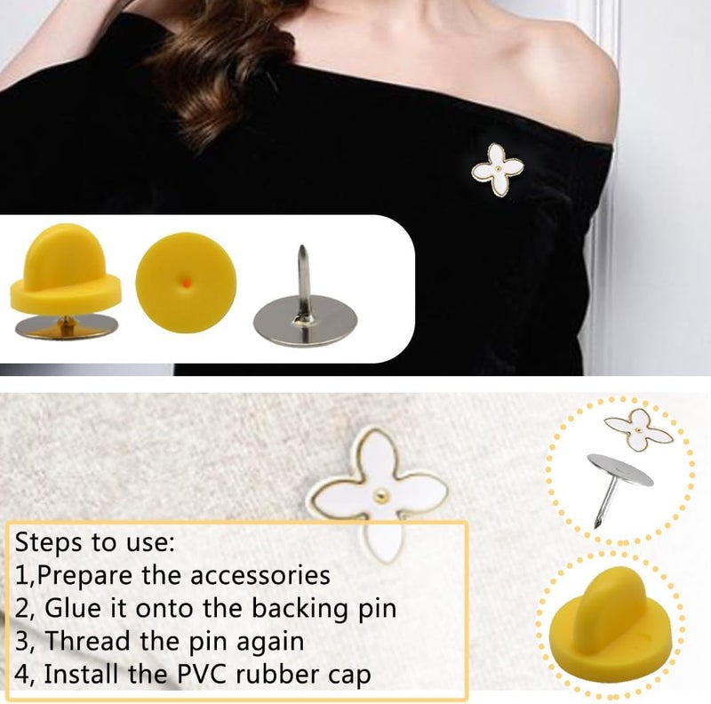 Ruidee 200 Pieces/100 Set Rubber Pin Backs with Tie Tacks Blank Pins, PVC Rubber Pin Back for Uniform Badges Backing Holder Clasp Lapel Pin（Yellow） - Image 5